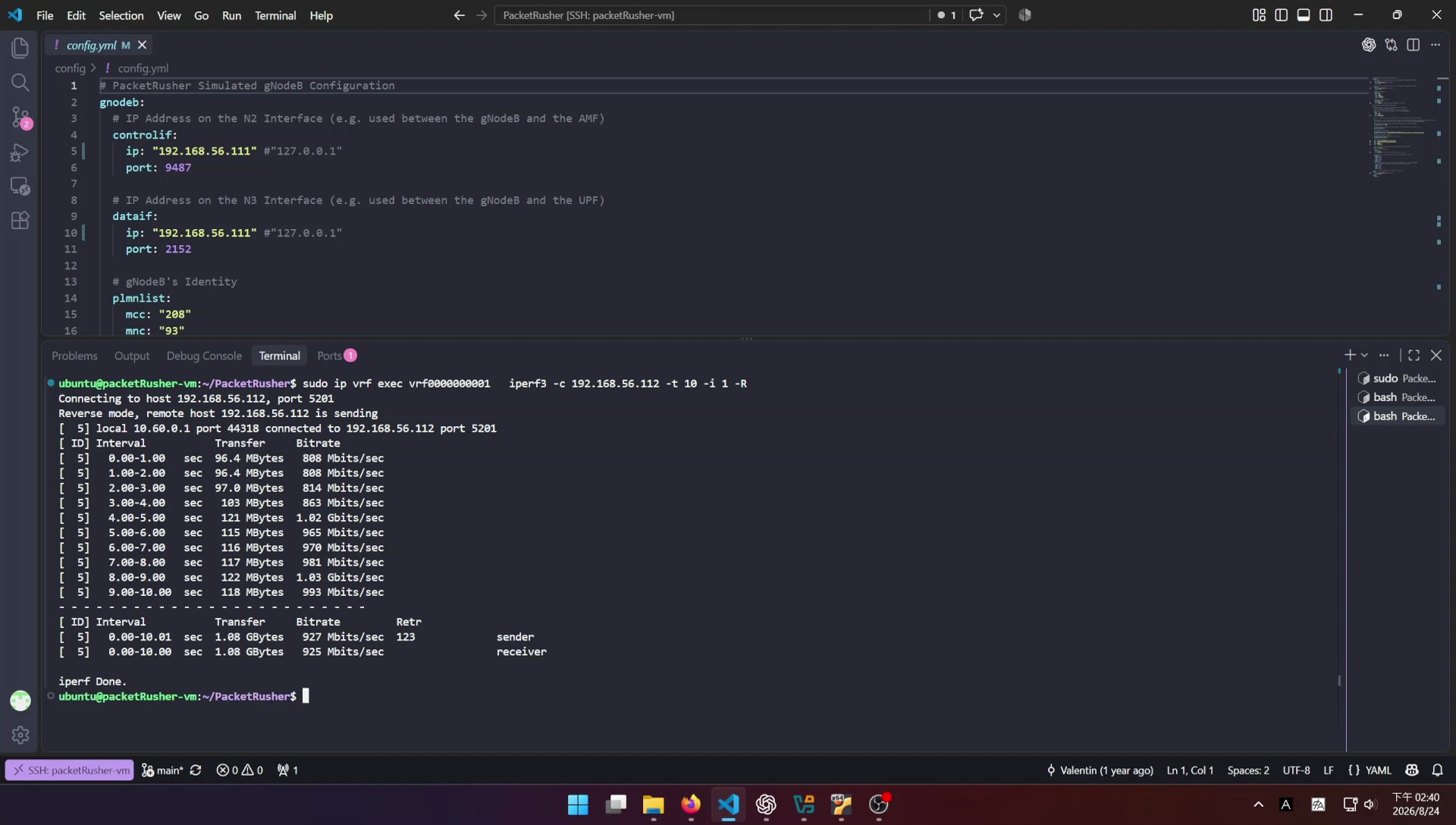 GTP-U downlink iperf3 reverse test from the free5GC VM to the PacketRusher UE