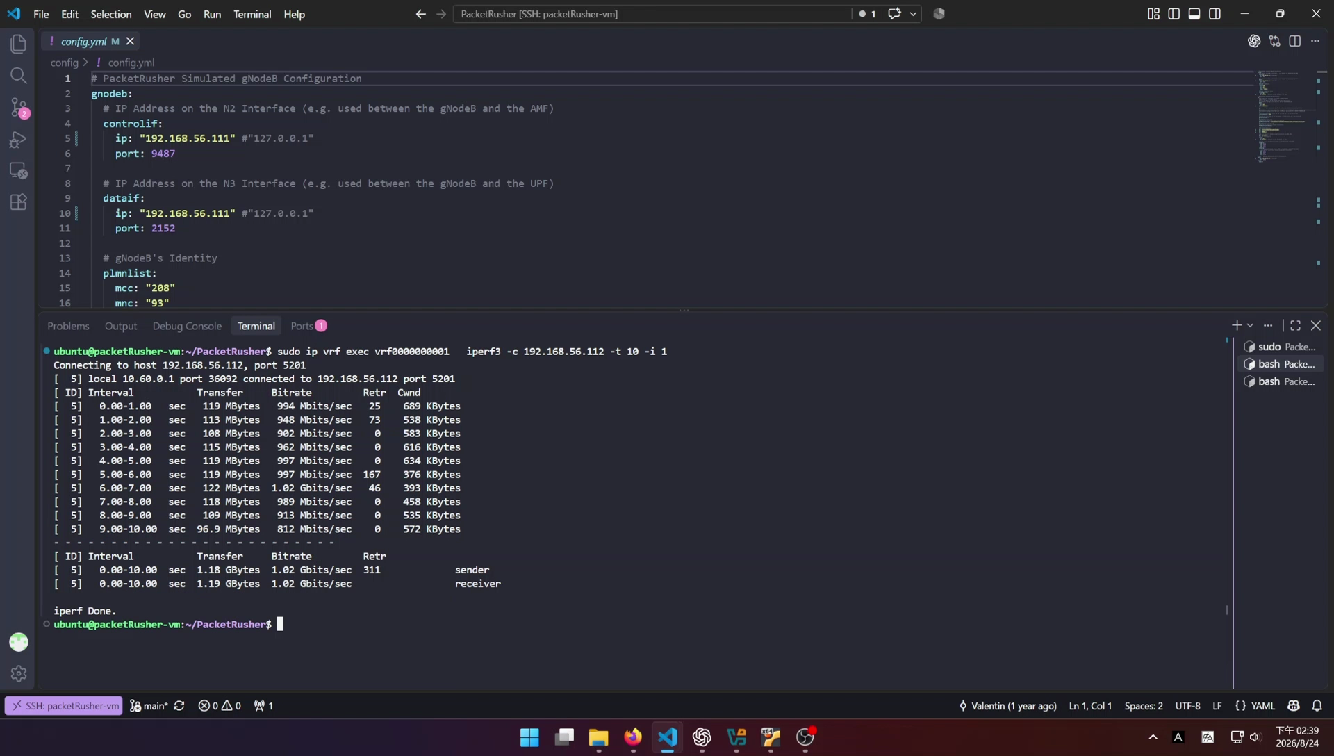 GTP-U uplink iperf3 test from the PacketRusher UE to the free5GC VM