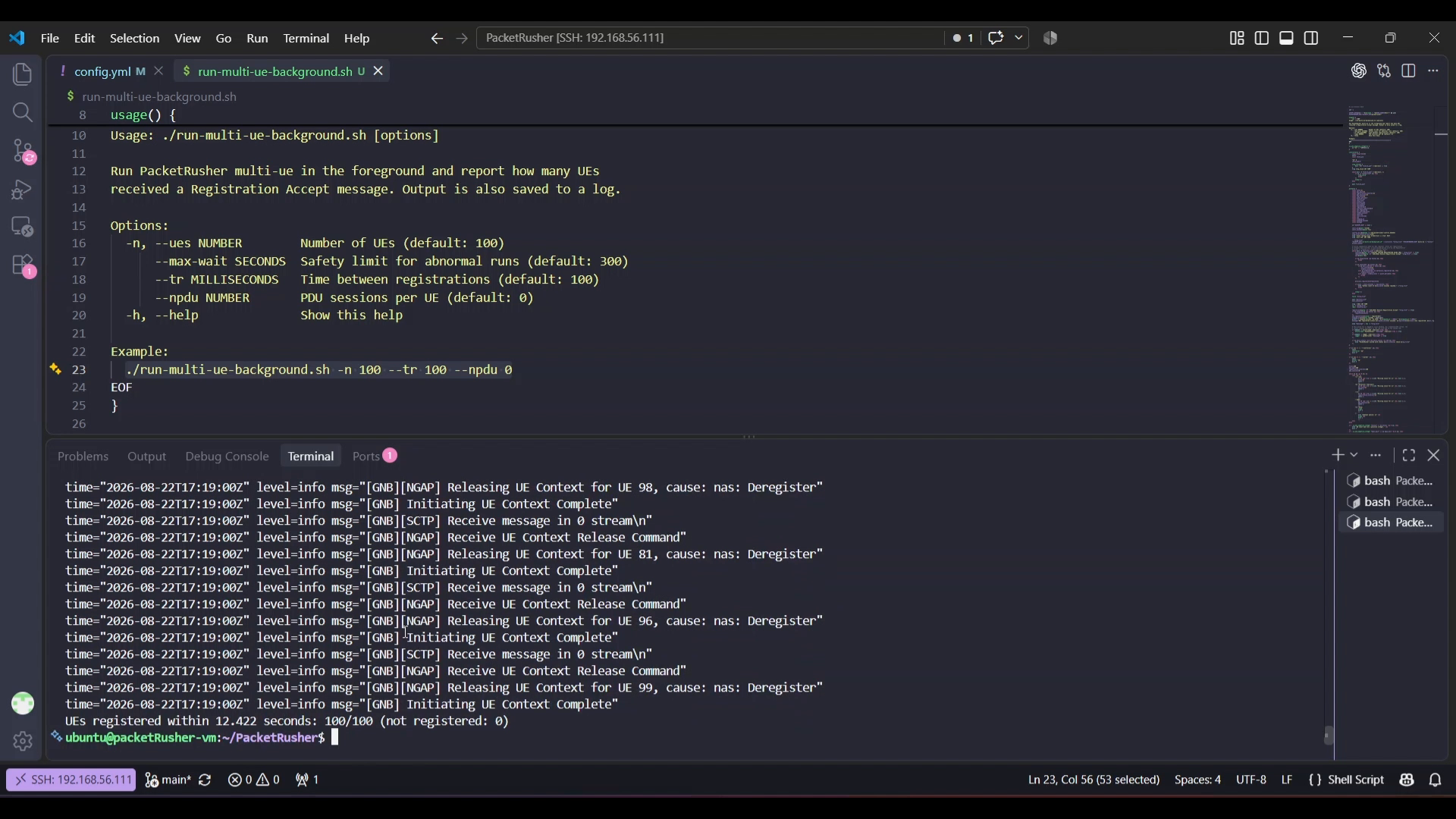 PacketRusher multi-UE test completing 100 registrations in 12.422 seconds