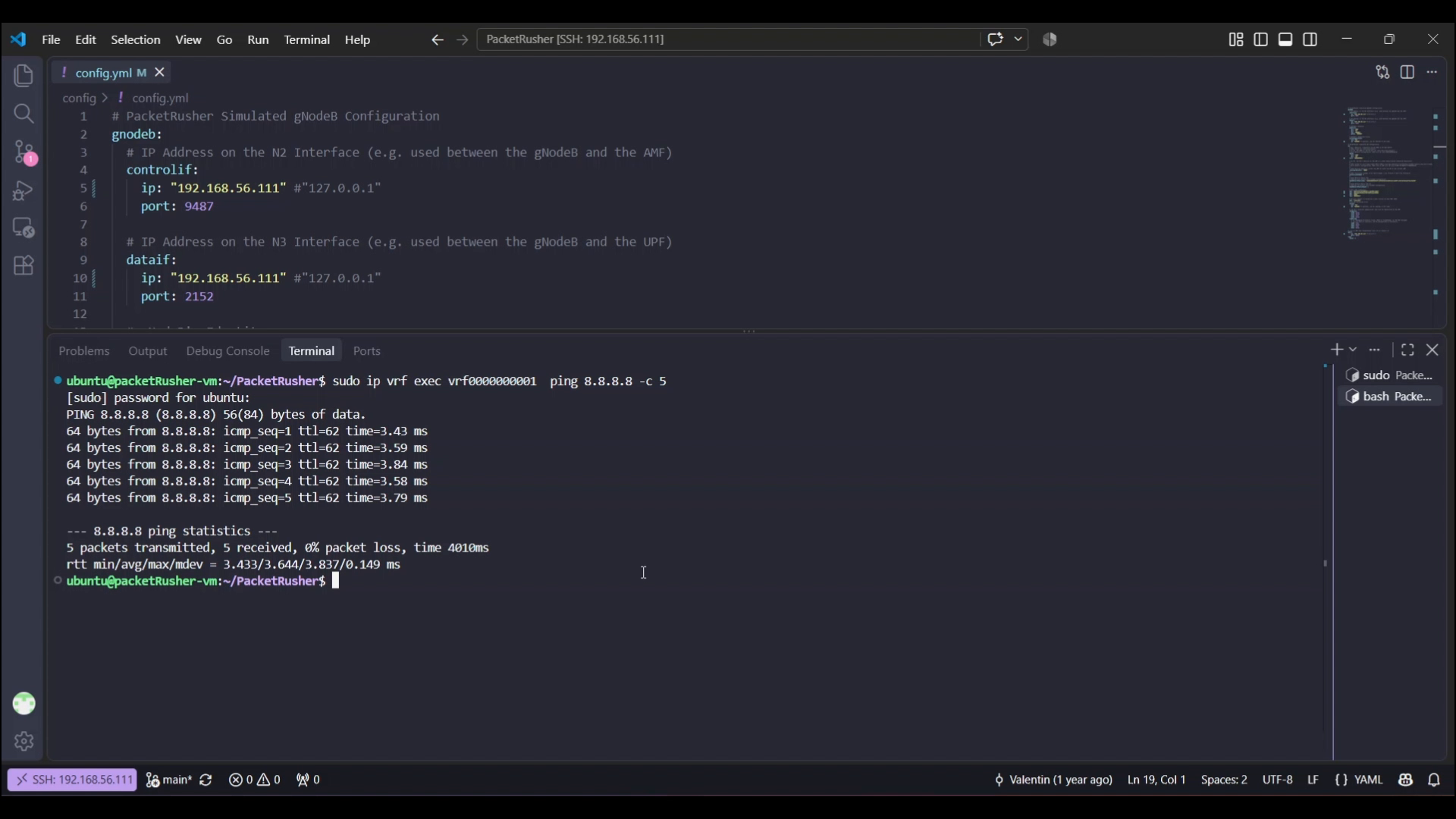 Successful ping to Google Public DNS through the PacketRusher UE VRF